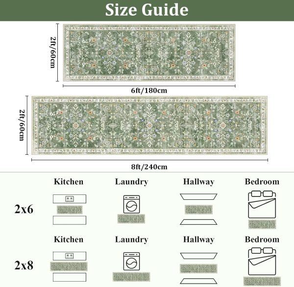 CTD-GR-2125GK_2 Yamaziot 2x8 Washable Hallway Runner Rug Non Slip Floral Carpet, Sage Green | Soft Boho Floral Kitchen Runner with Rubber Backing, Stain Resistant, Low Pile Distressed Carpet for Kitchen Hallway Entrance