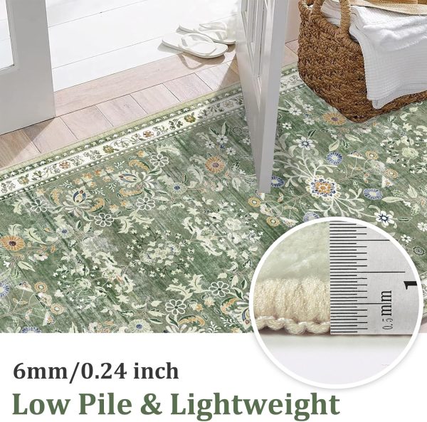 CTD-GR-2125GK_4 Yamaziot 2x8 Washable Hallway Runner Rug Non Slip Floral Carpet, Sage Green | Soft Boho Floral Kitchen Runner with Rubber Backing, Stain Resistant, Low Pile Distressed Carpet for Kitchen Hallway Entrance