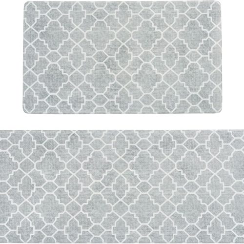 CTD-GR-2137GK_1 FRESHMINT Kitchen Mat Set of 2, Anti-Fatigue Cushioned Kitchen Mats for Floor, Waterproof Non Slip Comfort Standing Mat, Boho Kitchen Rug for Kitchen Decor, Sink, Office, 17"x30"+17"x47", Stone Gray
