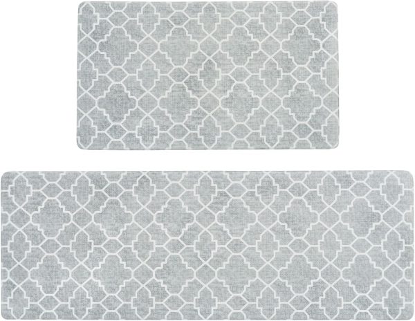 CTD-GR-2137GK_1 FRESHMINT Kitchen Mat Set of 2, Anti-Fatigue Cushioned Kitchen Mats for Floor, Waterproof Non Slip Comfort Standing Mat, Boho Kitchen Rug for Kitchen Decor, Sink, Office, 17"x30"+17"x47", Stone Gray