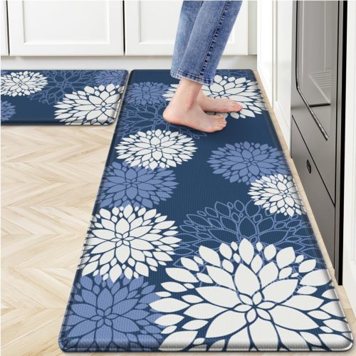 Kitchen Mats 2 Piece Set, Anti Fatigue Non Slip Cushioned Floor Rugs, Blue | Water-Absorbent Pads, Washable Standing Mat for Kitchen, Laundry, Office, Apartment, Home Decor 17.3"×47"+17.3"×30"