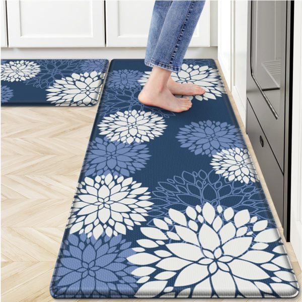 CTD-GR-2149GK_1 Kitchen Mats 2 Piece Set, Anti Fatigue Non Slip Cushioned Floor Rugs, Blue | Water-Absorbent Pads, Washable Standing Mat for Kitchen, Laundry, Office, Apartment, Home Decor 17.3"×47"+17.3"×30"
