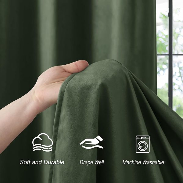 PONY DANCE Olive Green Velvet Blackout Curtains 84 Inches Long for Bedroom, Luxury Window Drapes for Living Room, Thermal Insulated Black Out Grommet Velvet Curtains, 2 Panels Set, 52" W x 84" L