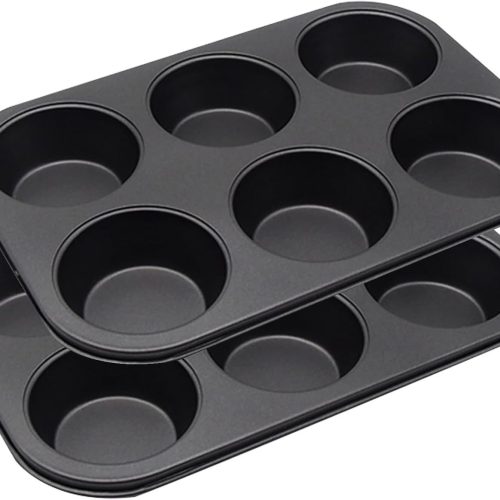 2 Packs 6-Cup Muffin Baking Pan Tin, Small Round Muffin Tin, Nonstick Cupcake Pans, Cheesecake Pans, Carbon Steel, Black