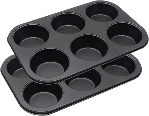2 Packs 6-Cup Muffin Baking Pan Tin, Small Round Muffin Tin, Nonstick Cupcake Pans, Cheesecake Pans, Carbon Steel, Black