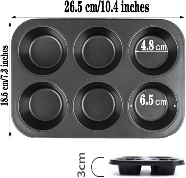 2 Packs 6-Cup Muffin Baking Pan Tin, Small Round Muffin Tin, Nonstick Cupcake Pans, Cheesecake Pans, Carbon Steel, Black