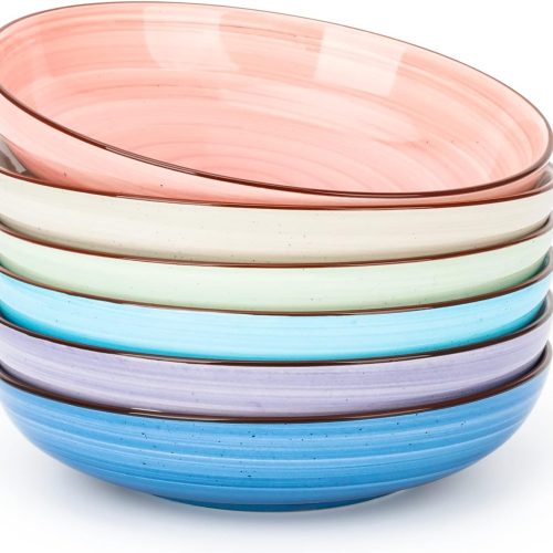 KitchenTour Ceramic Pasta Bowls, 26 oz Salad Serving Plate Bowls, Set of 6