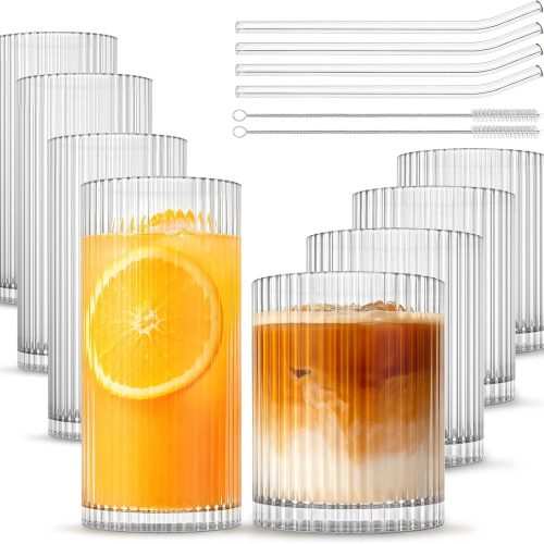 CTD-GR-712GK_1 INSETLAN Set of 8 Vintage Glassware - 4 Highball Glasses 12 oz, 4 Rocks Glass Cups 14 oz, Ribbed Glassware Cocktail Glasses, Ideal for Wine, Juice, Water, Ice Coffee Cup, Whiskey, Mixed Drinkware