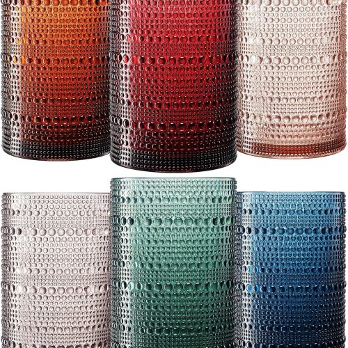 CTD-GR-816GK_1 Khen Plastic Hobnail Drinking Highball Glasses Set of 6 Neutral Tones Cups 14oz, Shatterproof & Unbreakable Acrylic Beaded Design, BPA-Free, Dishwasher Safe Indoor/Outdoor Drinkware Water, Cocktails