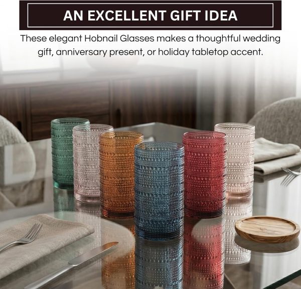 Khen Plastic Hobnail Drinking Highball Glasses Set of 6 Neutral Tones Cups 14oz, Shatterproof & Unbreakable Acrylic Beaded Design, BPA-Free, Dishwasher Safe Indoor/Outdoor Drinkware Water, Cocktails