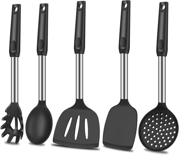 KLAQQED 5Pcs Silicone Spatula Heat Resistant Long Large Spatulas Set for Nonstick Cookware, Rubber Pancake Fish Turner Spatula for Kitchen Use Silicone Cooking Kitchen Utensils Set Black