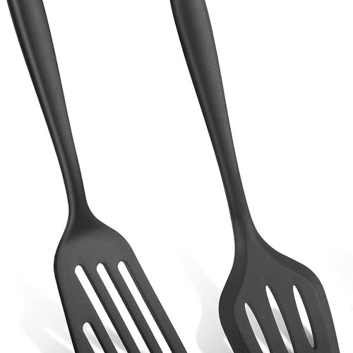 CTD-GR-928GK_1 Silicone Spatula Turner Set, 2PCS Heat-Resistant Non-Stick Fish Slotted Spatula Kitchen Utensil Set for Cooking, Baking and Mixing, BPA Free & Dishwasher Safe (Black)