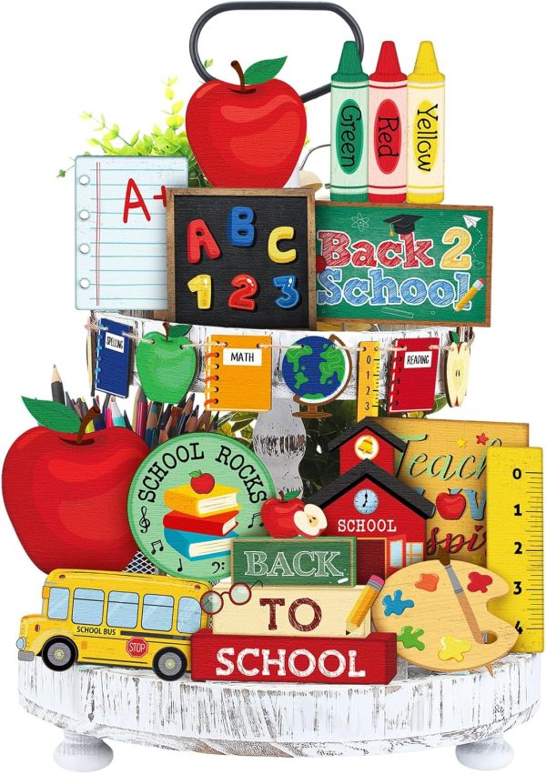 19 Pcs Back to School Decorations Back to School Tiered Tray Decor Fun Appreciation Wood Signs Decorative Book Bus Table Centerpiece Decorations Farmhouse Sign for First Day of Party Decor