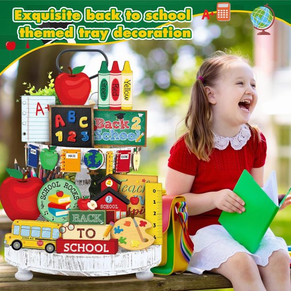 19 Pcs Back to School Decorations Back to School Tiered Tray Decor Fun Appreciation Wood Signs Decorative Book Bus Table Centerpiece Decorations Farmhouse Sign for First Day of Party Decor