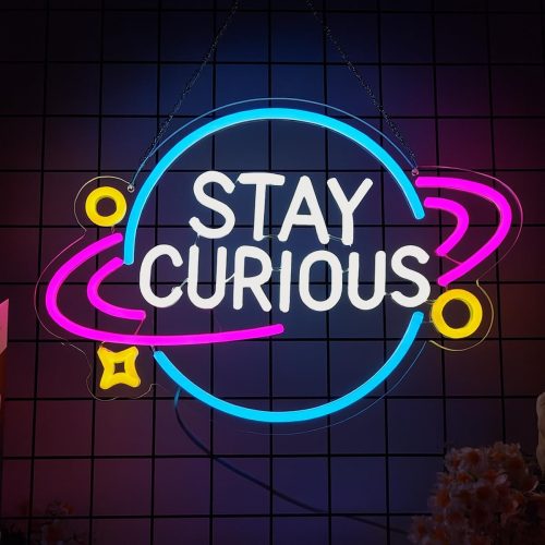 Stay Curious Motivational Neon Sign for Classroom 16.9’’ *11.8’’ | Teacher Neon Lights Planet Lamp LED Light Up Signs for Library, Science, Study Room, Bedroom, Wall Decor, Kids STEM Education