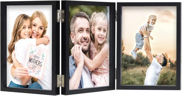 WUTL 3 Picture Frame Triple Collage 5x7 Frames with Real Glass Black | Trifold Photo Frame, Hinged Foldable, Crystal Clear Real Glass