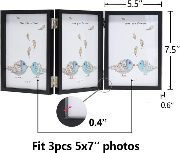 WUTL 3 Picture Frame Triple Collage 5x7 Frames with Real Glass Black | Trifold Photo Frame, Hinged Foldable, Crystal Clear Real Glass