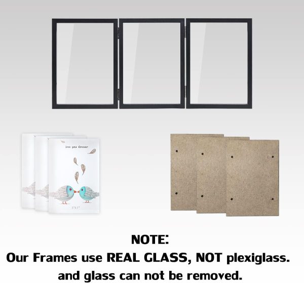 WUTL 3 Picture Frame Triple Collage 5x7 Frames with Real Glass Black | Trifold Photo Frame, Hinged Foldable, Crystal Clear Real Glass