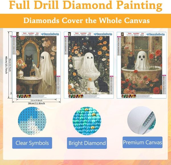 DAZZLEDOTS 3 Pack Halloween Diamond Art Kits Ghost Round Diamond Painting | Ghost 5D DIY Full Drill Round Gem Art for Adults Brginners, Diamond Dots for Home Wall Decor Gifts 12x16inch