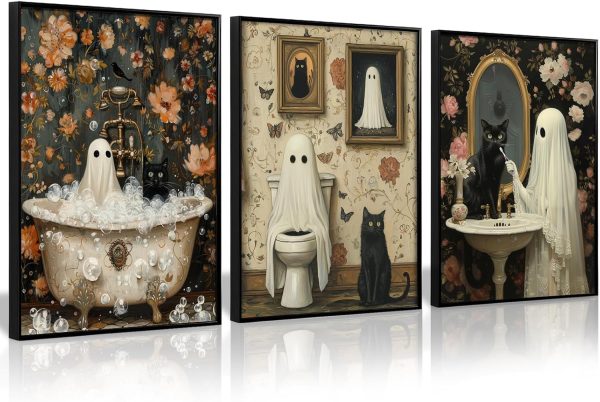 Halloween Gothic Wall Art Decor Bathroom Goth Funny Canvas Poster Dark Academia Wall Decor Horror Ghost Pictures Spooky Witchy Prints Cute Black Cat Paintings for Bathroom 8x10x3 Inch Unframed