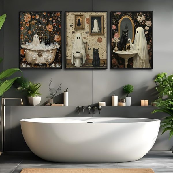 Halloween Gothic Wall Art Decor Bathroom Goth Funny Canvas Poster Dark Academia Wall Decor Horror Ghost Pictures Spooky Witchy Prints Cute Black Cat Paintings for Bathroom 8x10x3 Inch Unframed