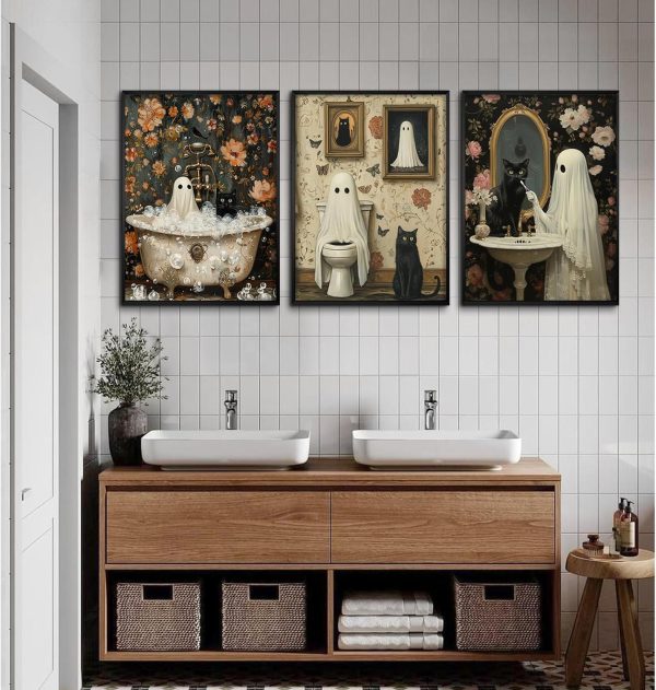 Halloween Gothic Wall Art Decor Bathroom Goth Funny Canvas Poster Dark Academia Wall Decor Horror Ghost Pictures Spooky Witchy Prints Cute Black Cat Paintings for Bathroom 8x10x3 Inch Unframed