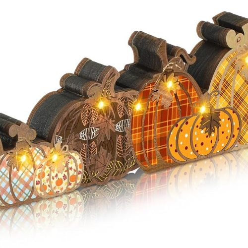 Yousoontic Fall Pumpkin Decor Table Centerpieces Halloween Wooden Pumpkin Sign Decorations with LED Lights 3D Block Autumn Harvest Farmhouse Fall Thanksgiving Decor for Home Mantel Desk Office Party
