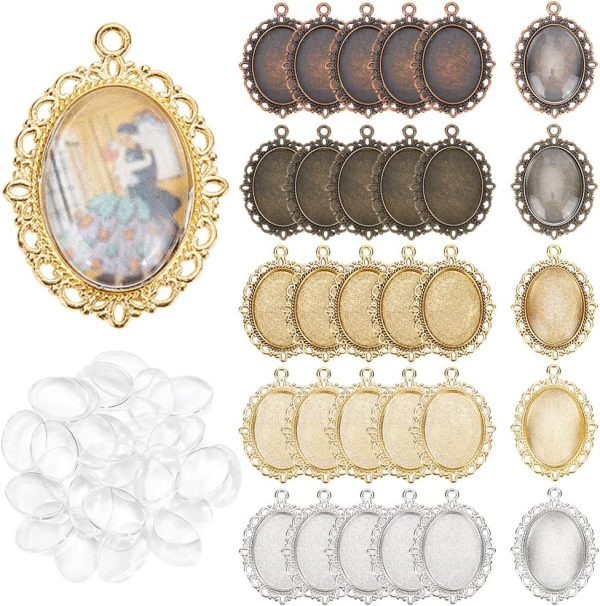 PH PandaHall 60pcs Pendant Tray Kit, 30pcs 5 Color Oval Pendant Blank Bezel, 30pcs 25 x 18mm Glass Cabochon Dome Tiles Clear Cameo Memorial Photo Pendant for Wedding Bouquet Graduation Photo Charm