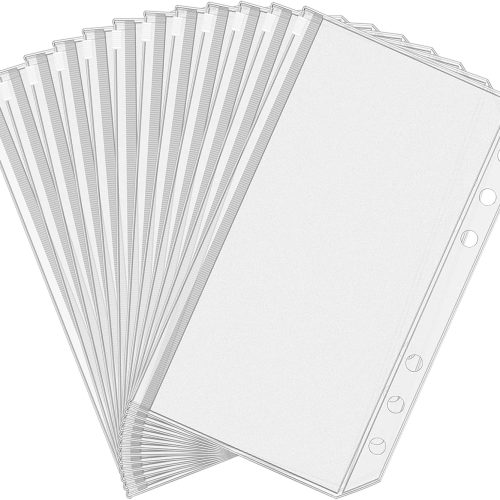 Antner 12pcs A6 Size Binder Pockets 6 Holes Budget Cash Envelopes for Budgeting, Clear Zipper Folders Loose Leaf Bags for A6 6-Ring Budget Binder, Waterproof PVC Document Pouch Filing Bags