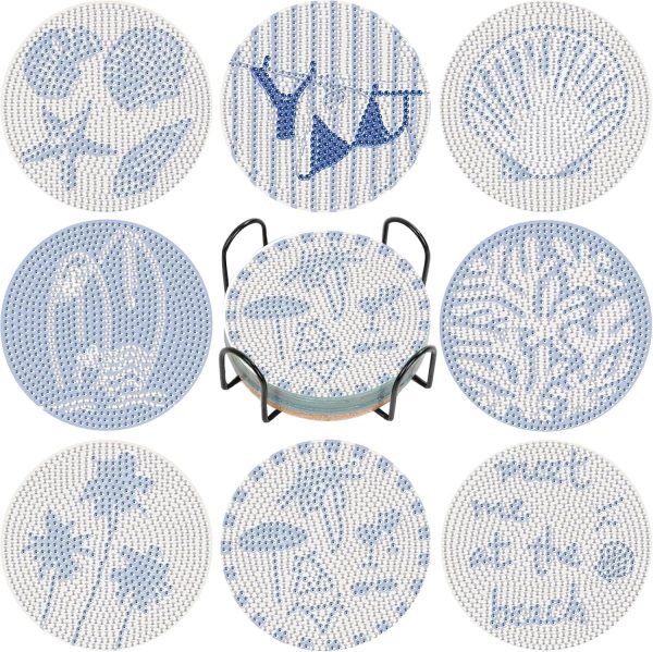 8Pcs Beach Diamond Art Coasters Kits, Summer Diamond Painting Coasters Kits | Coastal Diamond Dot Coasters for Adults Crafts 5D Gem Art Kit Easy Crafts, Non Slip Coaster for Home Decor Gift Ocean DIY