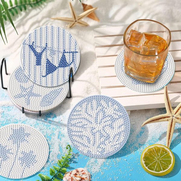 8Pcs Beach Diamond Art Coasters Kits, Summer Diamond Painting Coasters Kits | Coastal Diamond Dot Coasters for Adults Crafts 5D Gem Art Kit Easy Crafts, Non Slip Coaster for Home Decor Gift Ocean DIY