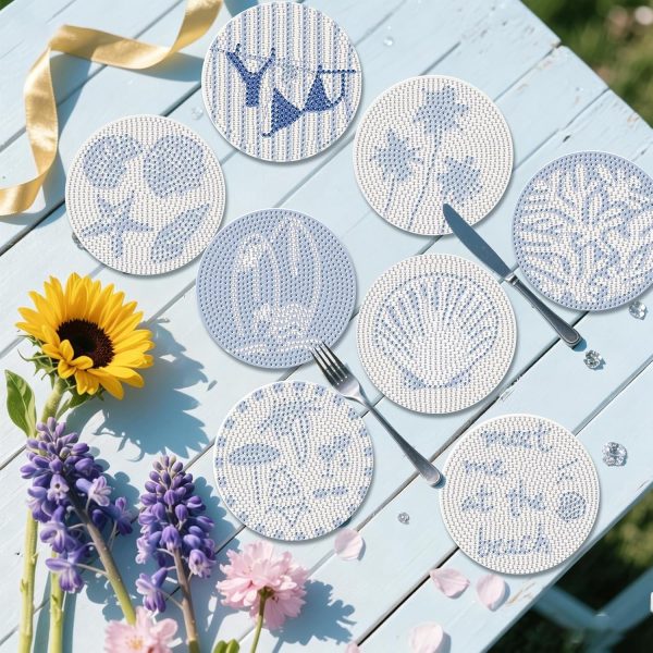8Pcs Beach Diamond Art Coasters Kits, Summer Diamond Painting Coasters Kits | Coastal Diamond Dot Coasters for Adults Crafts 5D Gem Art Kit Easy Crafts, Non Slip Coaster for Home Decor Gift Ocean DIY