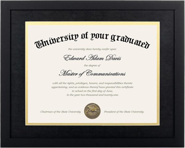 upsimples Diploma Frame with HD Glass, 11x14 Black, 1 Pack | Certificate Degree Frame, Fits 8.5 x 11 with Mat, Graduation Gift for Wall and Tabletop, Black & Gold Double Mats
