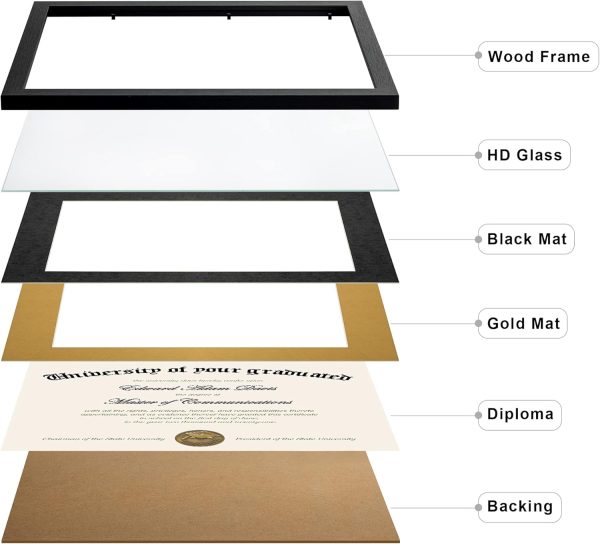upsimples Diploma Frame with HD Glass, 11x14 Black, 1 Pack | Certificate Degree Frame, Fits 8.5 x 11 with Mat, Graduation Gift for Wall and Tabletop, Black & Gold Double Mats