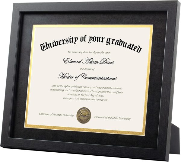upsimples Diploma Frame with HD Glass, 11x14 Black, 1 Pack | Certificate Degree Frame, Fits 8.5 x 11 with Mat, Graduation Gift for Wall and Tabletop, Black & Gold Double Mats