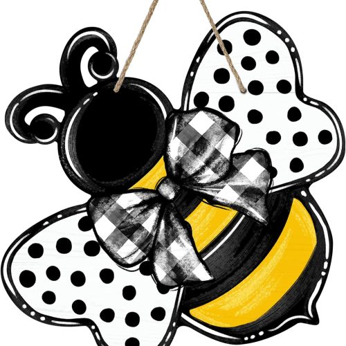 Deroro Bumble Bee Spring Summer Front Door Sign, Polka Dot Farmhouse Wood | Door Hanger Outdoor Outside Porch Decor, Buffalo Plaid Check Bow Wooden Wreath Indoor Wall Hanging Decoration