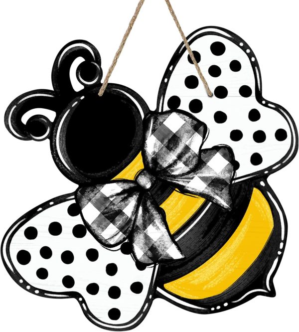 Deroro Bumble Bee Spring Summer Front Door Sign, Polka Dot Farmhouse Wood | Door Hanger Outdoor Outside Porch Decor, Buffalo Plaid Check Bow Wooden Wreath Indoor Wall Hanging Decoration