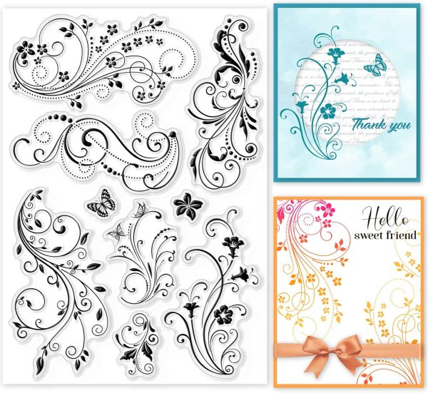 CTGP99CT_1 GLOBLELAND Flower Vine Lace Clear Stamps 8.3x5.8inch Butterfly Silicone Stamp Seals for Cards Making DIY Scrapbooking Photo Journal Album Decoration