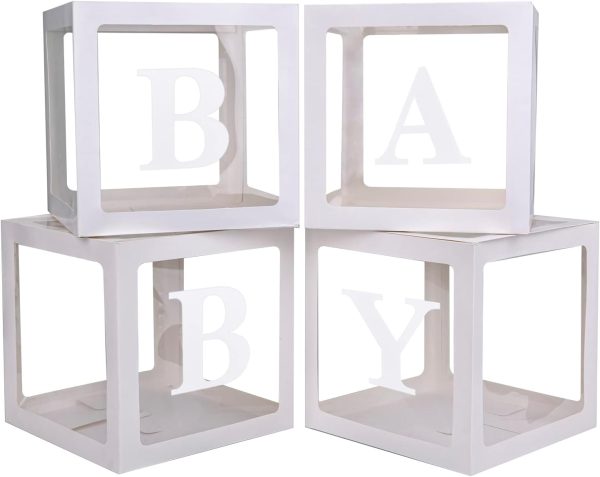 Baby Boxes with 4 PCS Letters for Baby Shower White Clear Balloon Box Blocks Gender Reveal Decorations and Birthday Party (White)