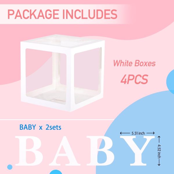 Baby Boxes with 4 PCS Letters for Baby Shower White Clear Balloon Box Blocks Gender Reveal Decorations and Birthday Party (White)
