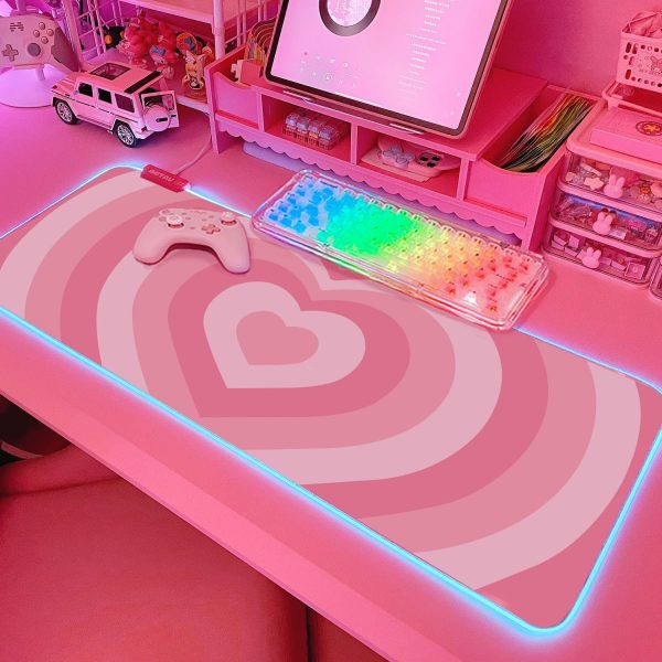 CTJES-AU-027JK_1 JMIYAV Pink Love Heart RGB Gaming Mouse Pad 31.5x12 Inch Cute Mousepad PC XL Large Extended Glowing Led Light Up Desk Pad Non-Slip Rubber Base Computer Mat Desk Accessories Gaming Setup