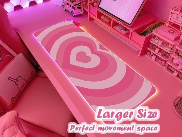 CTJES-AU-027JK_2 JMIYAV Pink Love Heart RGB Gaming Mouse Pad 31.5x12 Inch Cute Mousepad PC XL Large Extended Glowing Led Light Up Desk Pad Non-Slip Rubber Base Computer Mat Desk Accessories Gaming Setup