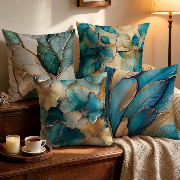 CTJES-AU-041JK_1 OBSEDE Teal Gold Leaf Decorative Throw Pillow Covers 18 x 18 Inch Set of 4 | Faux Linen, Hidden Zipper Closure, Modern Botanical Artwork, Home Accent, Living Room Bedroom Decor, Fade Resistant Print