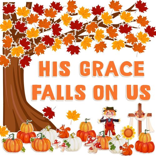 Konsait 89PCS His Grace Falls on Us Christian Bulletin Board Sets, Big Tree Pumpkins Religious Bulletin Board Decorations, Christian Bulletin Board for Church, Sunday School, Classroom, Office