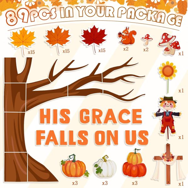 Konsait 89PCS His Grace Falls on Us Christian Bulletin Board Sets, Big Tree Pumpkins Religious Bulletin Board Decorations, Christian Bulletin Board for Church, Sunday School, Classroom, Office
