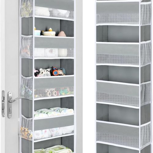 Yecaye 1 Pc Over the Door Organizer with 5 Bins 10 Side Pockets, 44lbs Load Hanging Bathroom and Bedroom Organizer, behind the Door Hanging Organizers for Nursery Newborn Baby Essential Stuff Grey