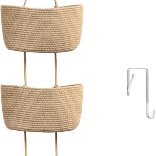 TeoKJ Over the Door Hanging Basket, 3-Tier Woven Cotton Wall-Mounted Storage Organizer Bag Decorative Hanging Nursery Baskets, Jute