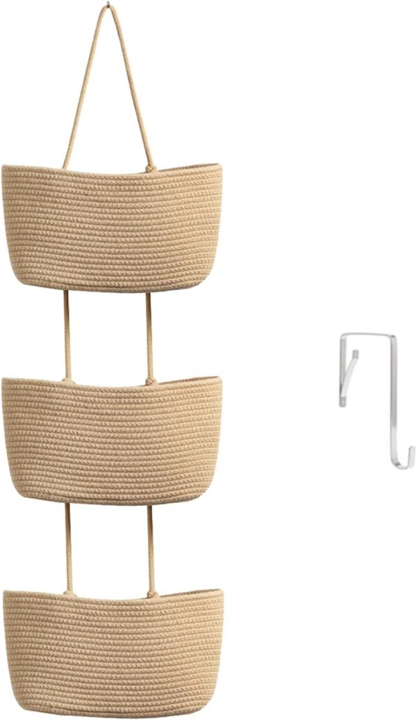 TeoKJ Over the Door Hanging Basket, 3-Tier Woven Cotton Wall-Mounted Storage Organizer Bag Decorative Hanging Nursery Baskets, Jute