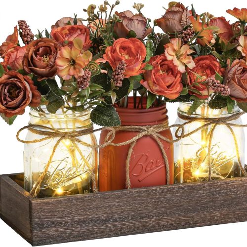 3 Pcs Mason Jar Centerpiece Table Decorations for Dining Table Decor Farmhouse Coffee Table Decor with Wood Tray and Led Light Table Centerpieces for Dining room Kitchen Living Bathroom,Orange | Rustic Farmhouse Decor for Home Décor Accents Kitchen Counter Decor Dining Room Living Bathroom,Orange