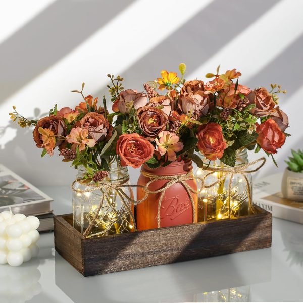 3 Pcs Mason Jar Centerpiece Table Decorations for Dining Table Decor Farmhouse Coffee Table Decor with Wood Tray and Led Light Table Centerpieces for Dining room Kitchen Living Bathroom,Orange | Rustic Farmhouse Decor for Home Décor Accents Kitchen Counter Decor Dining Room Living Bathroom,Orange